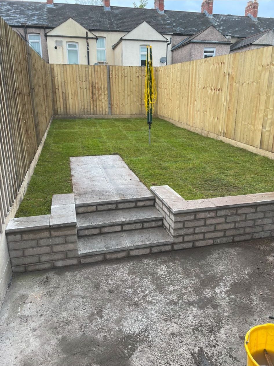Landscaped garden with brick retaining wall and steps built by RD Construction, Aberdare