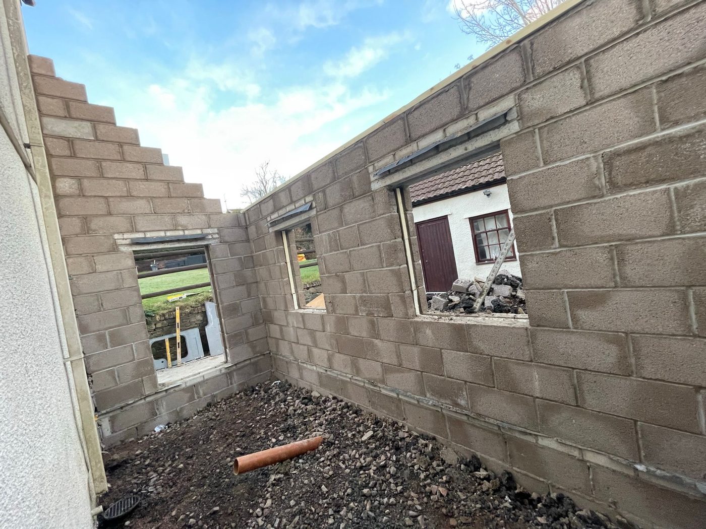 Blockwork extension shell with window openings, Aberdare